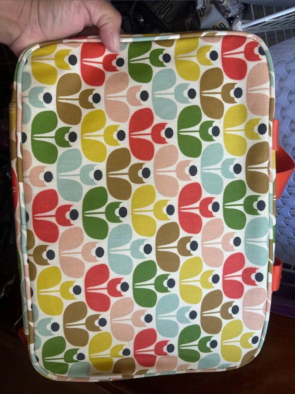 Orla Kiely Multicolor Floral Pattern Cosmetic Bag with Orange Handles